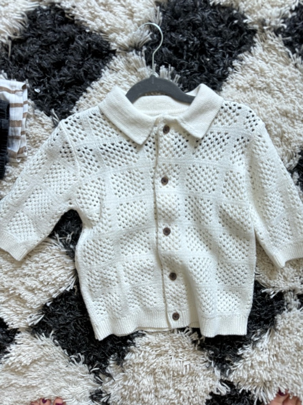 Old Navy Cream Openwork Knit Polo Cardigan Sweater